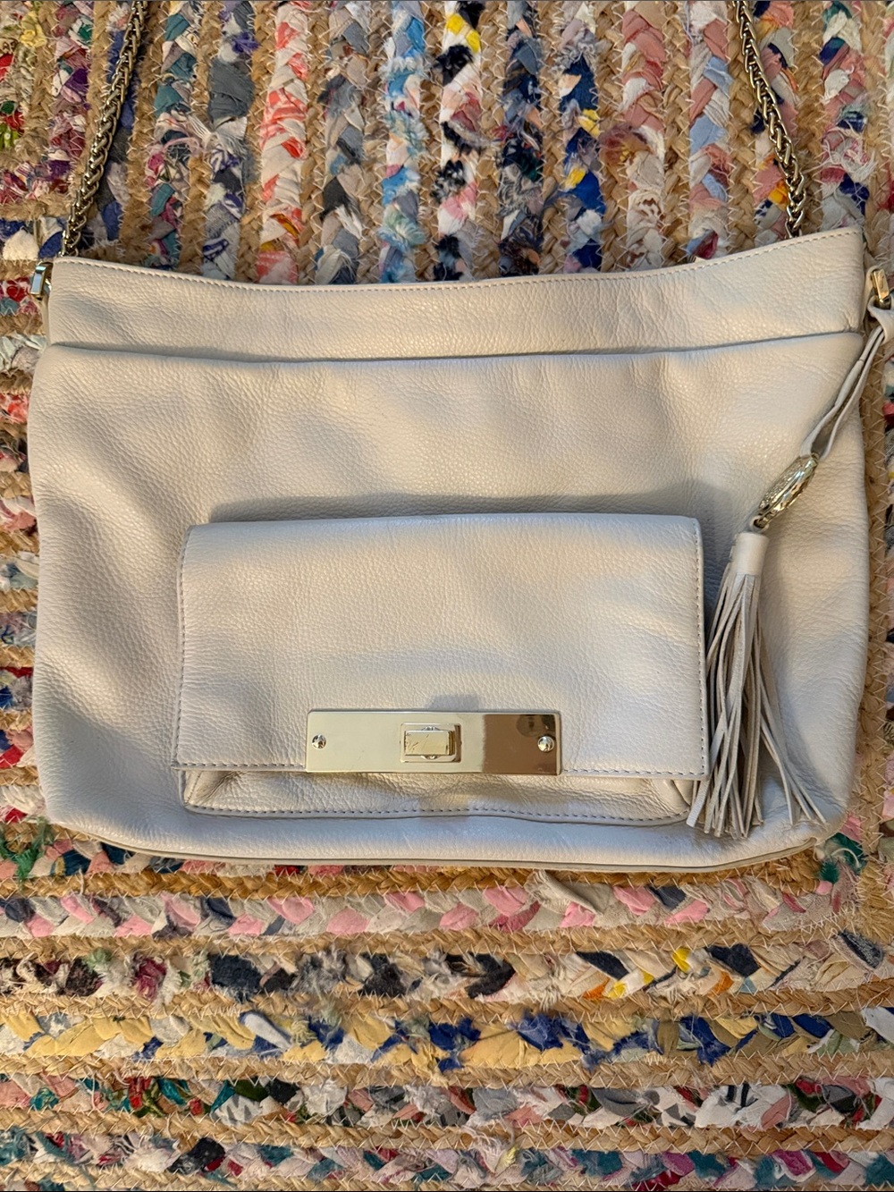 Vince Camuto Cream Leather Chain-Strap Shoulder Bag with Tassel